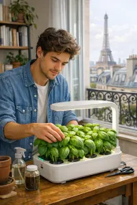 jeune homme cultive basilic a paris avec un kit hydroponique