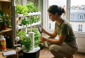 un femme qui mesure avec un appareil le ph de la solution nutritive de cultures hors-sol dans un appartement de ville