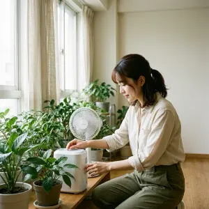 Une jeune femme qui Gére l'humidité et la ventilation de ses plantes  dans un appartement